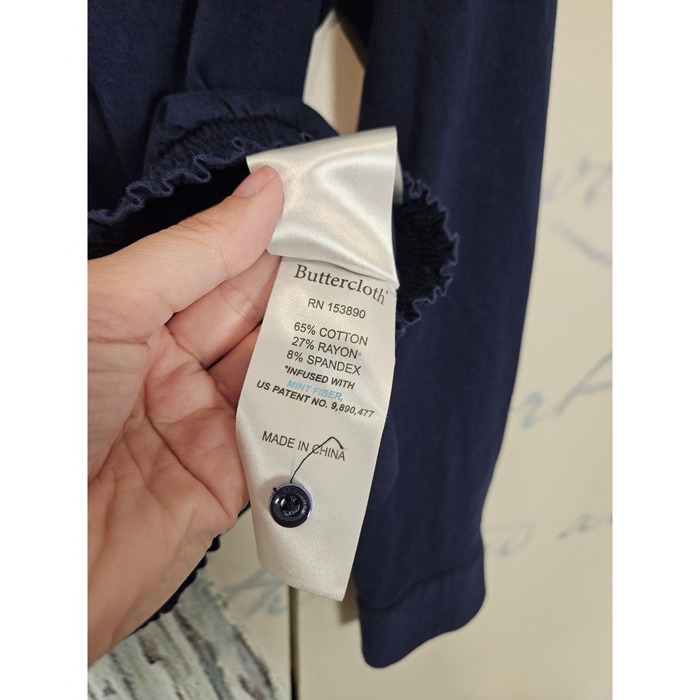 Buttercloth Icy Cotton LS Blouse Large Navy Blue Pre-Tucked Knit Button Down - Picture 5 of 8